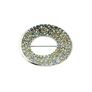 Vintage Round Sparkly Brooch Pin – Silver Tone, Aurora Borealis Rhinestones